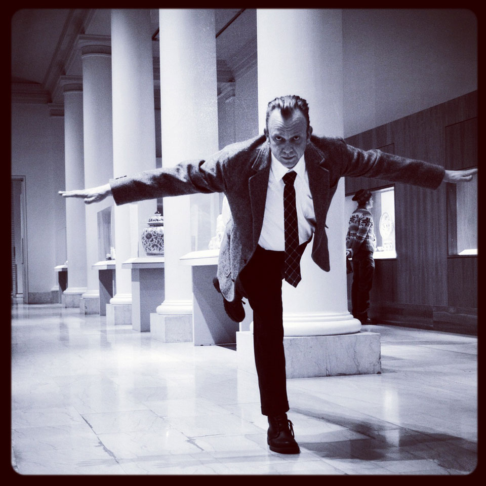 Font designer Chank Diesel, wearing a tie, in a museum. (Photo by John Wallace, wallacefoto.com)